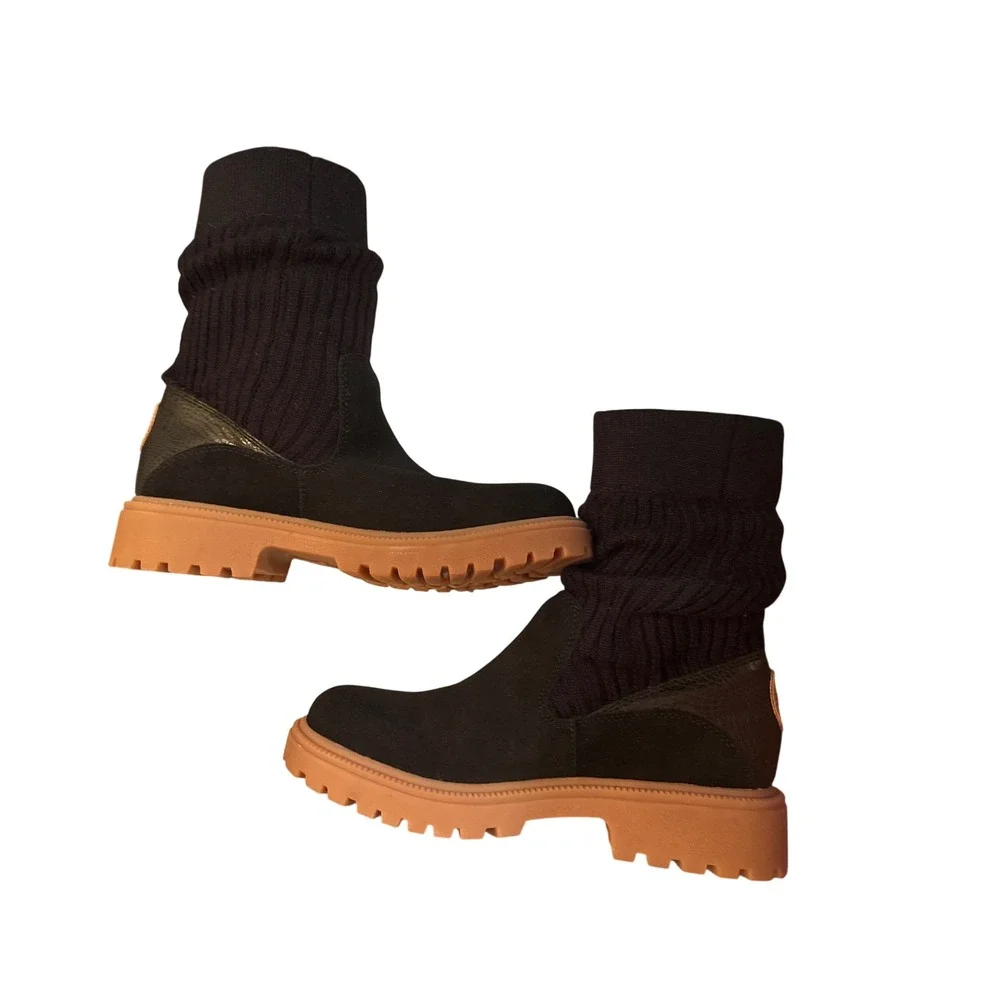 Mykos Maria Suede Knit Slouch Ankle Boots Black Lug Sole OrthoLite Women's 7